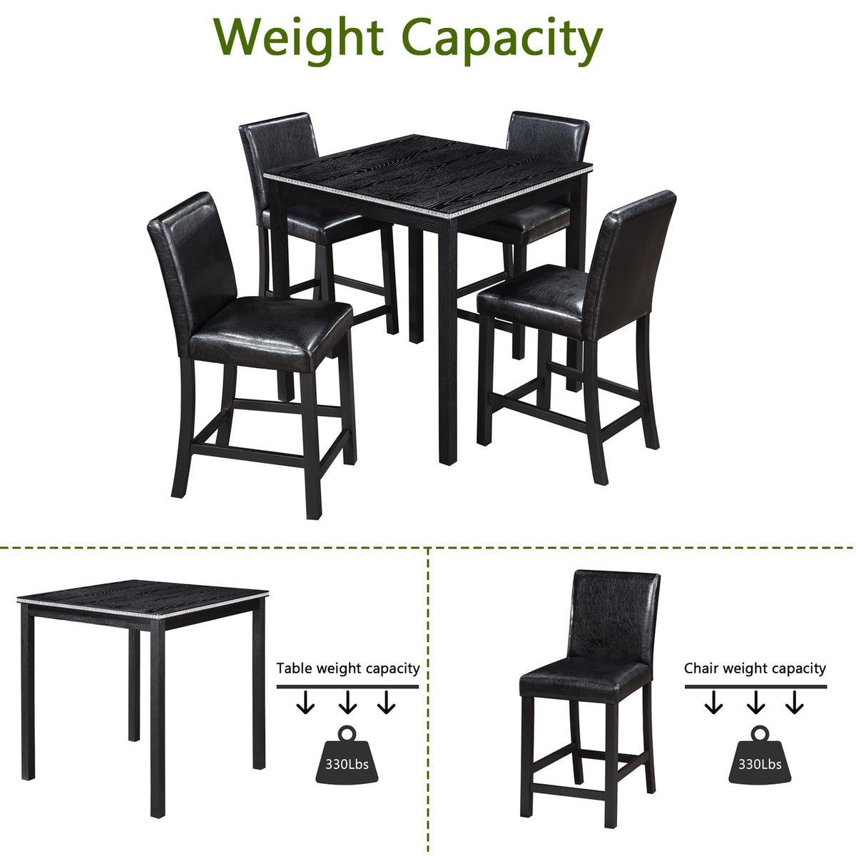Black Square Dining Table Set - 4 Chairs