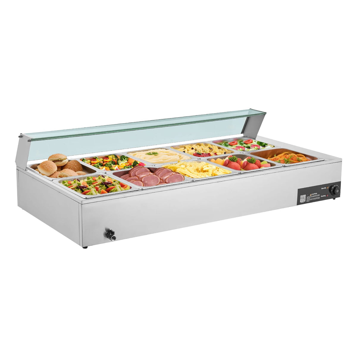 Commercial Food Warmer - 1700W Stainless Steel Buffet Bain Marie with Glass Cover