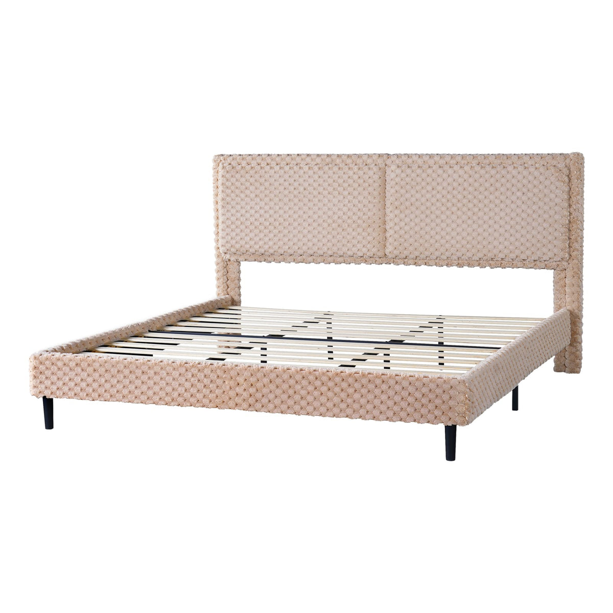 King Camel Wood and Fabric Bed Frame with Plush Backrest for Bedroom