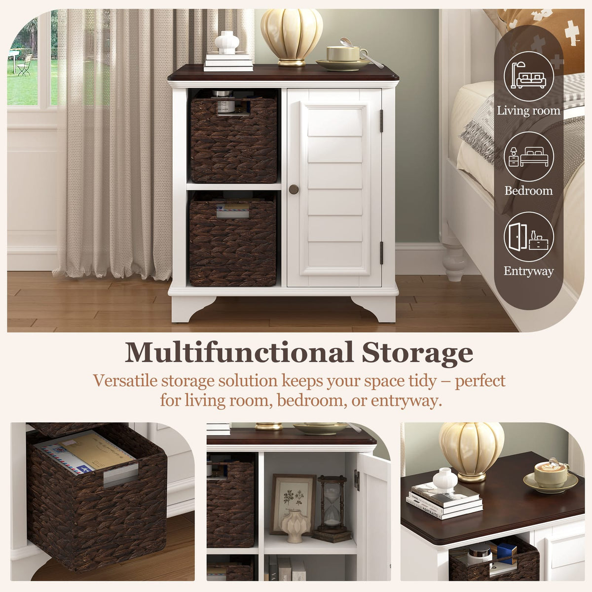 White MDF End Table with Baskets - 23.1" x 18.1"