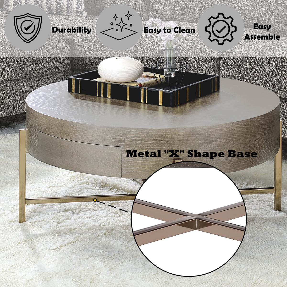 Champagne Light Brown Drum Coffee Table with Storage