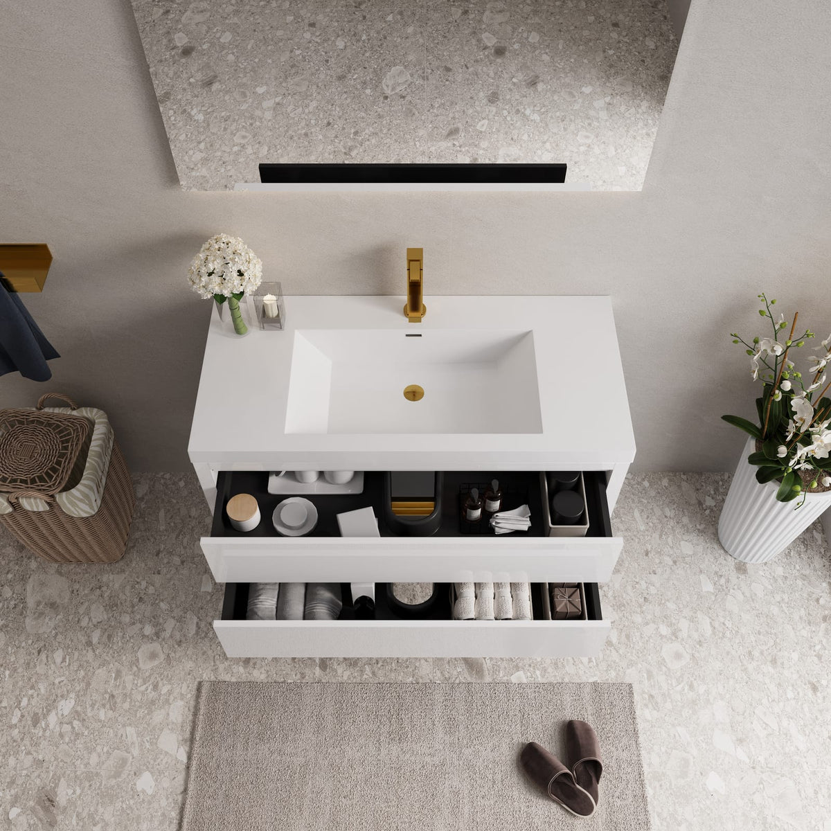 Glossy White Bathroom Vanity with Sink - 42" Wall Mounted Storage