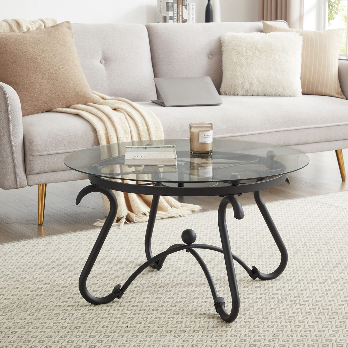 Black Tempered Glass Coffee Table Set - 2 Piece Round Side Table for Living Room