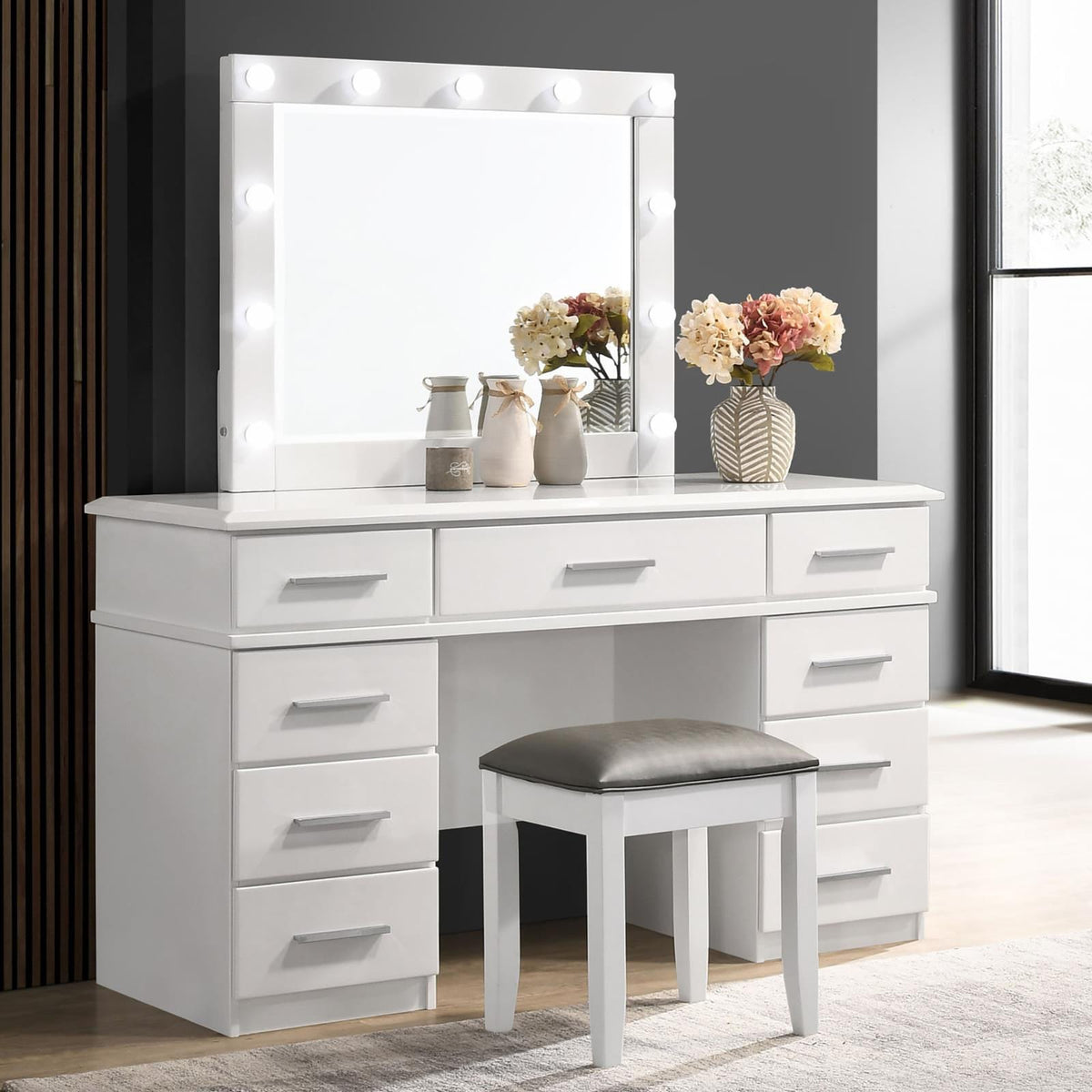 Glossy White Vanity Stool - Modern Bedroom Accent