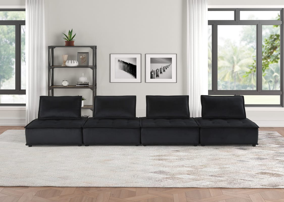 Aveline 160"W Black Velvet 4-Seater Modular Sofa for Living Room
