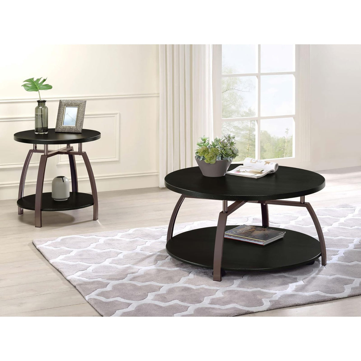 Dark Grey and Black Nickel Round Coffee Table - Modern Storage Design