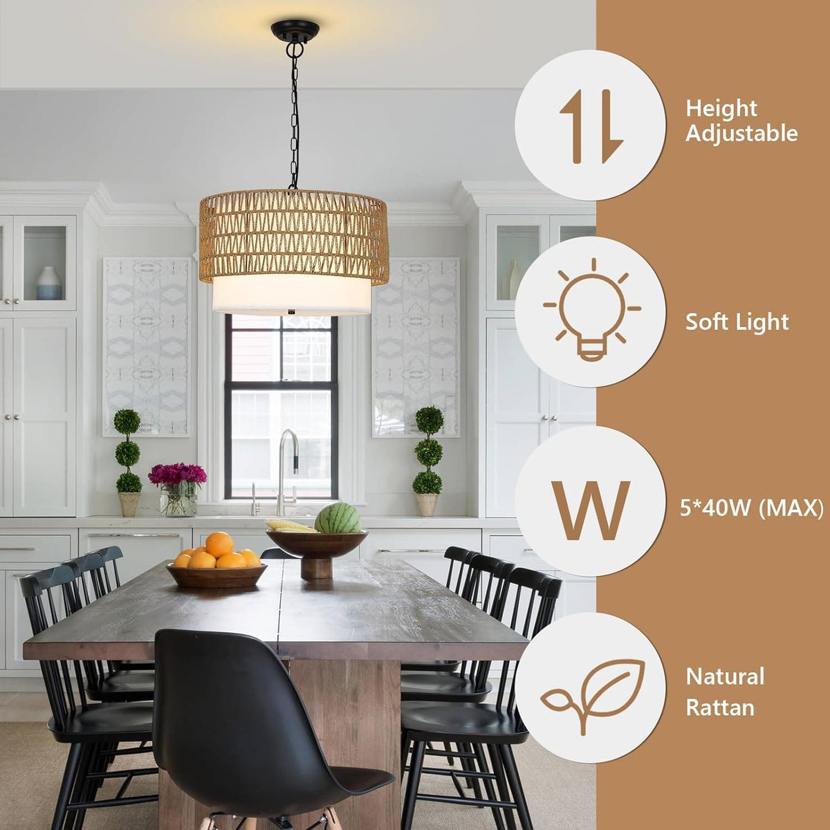 Farmhouse Rattan Chandelier - 5-Light Boho Dining Room Lighting