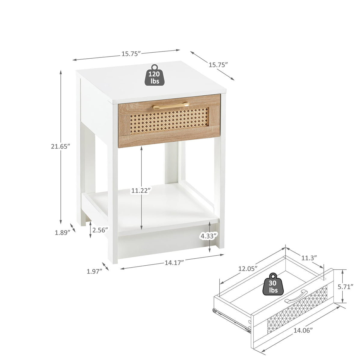White Rattan End Table with Drawer - Nightstand for Bedroom or Living Room