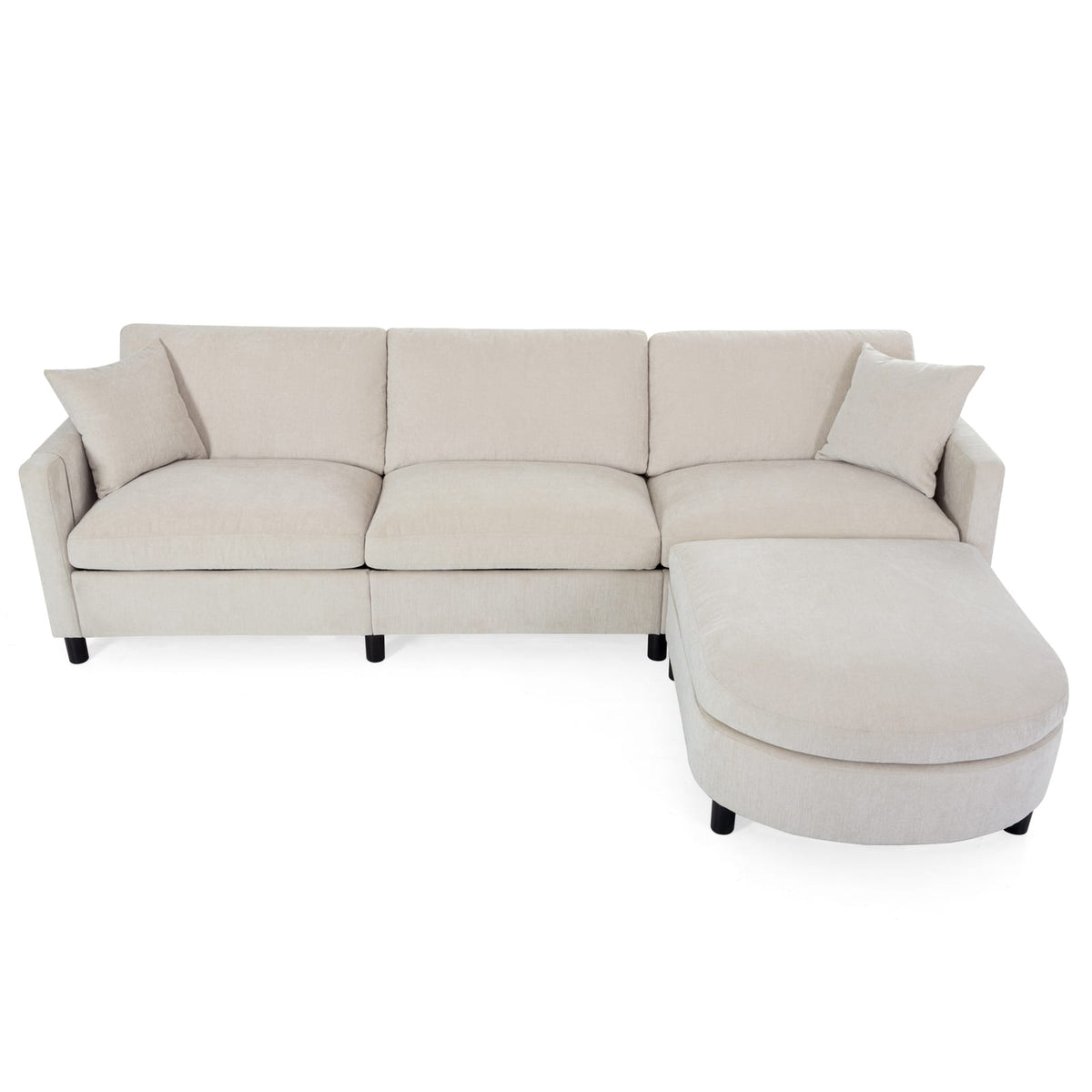 Beige Polyester Sectional Sofa - 4 Seats, Ottoman Included
