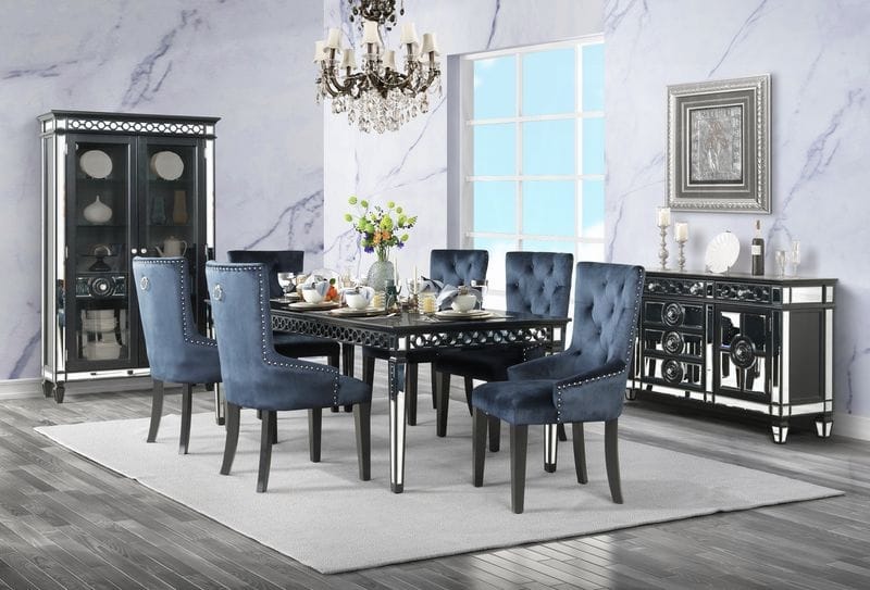 Luxury Dark Navy Velvet Dining Chair Wood Side Seating for Glam Rooms