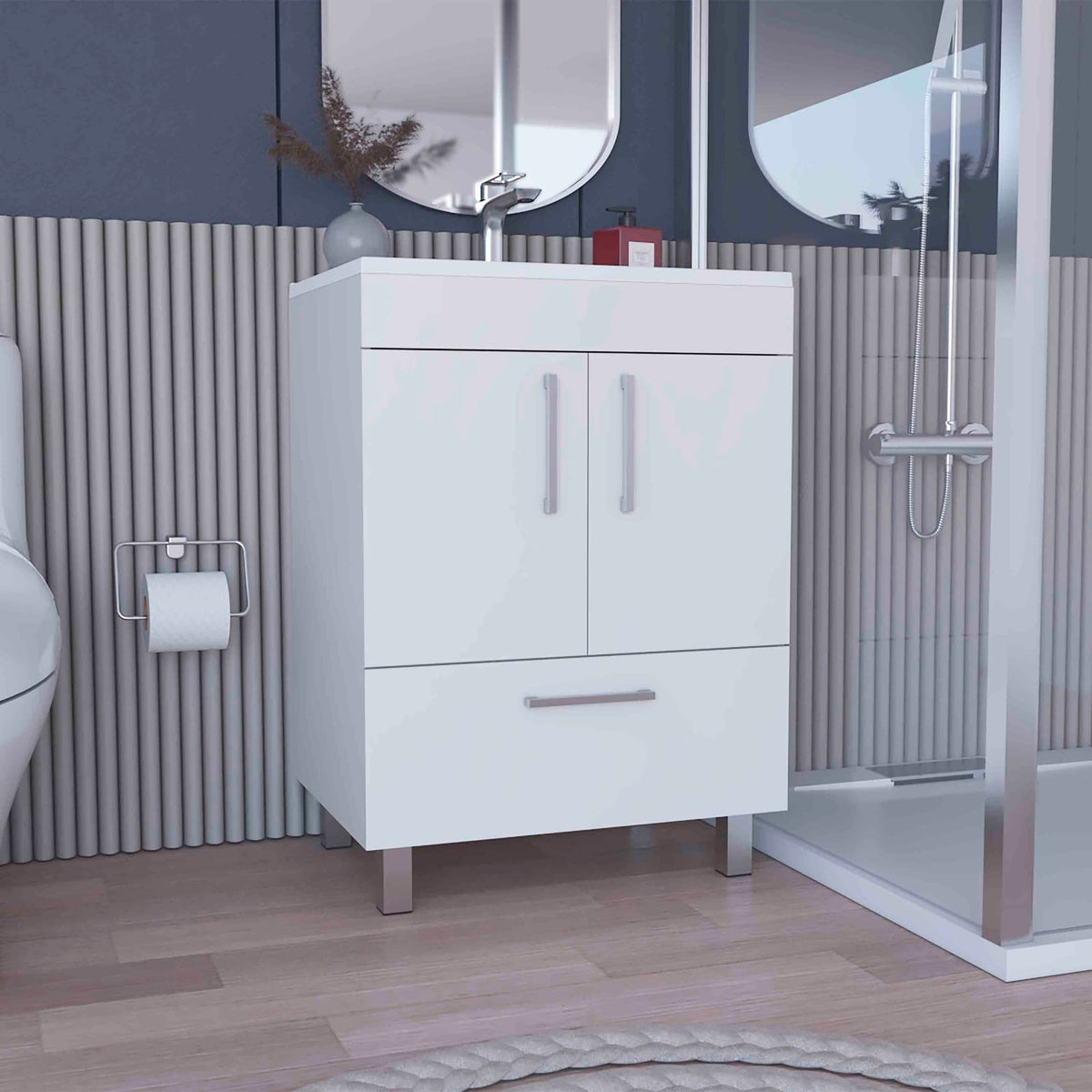 23.6 Inch White Bathroom Vanity Cabinet with Double Doors
