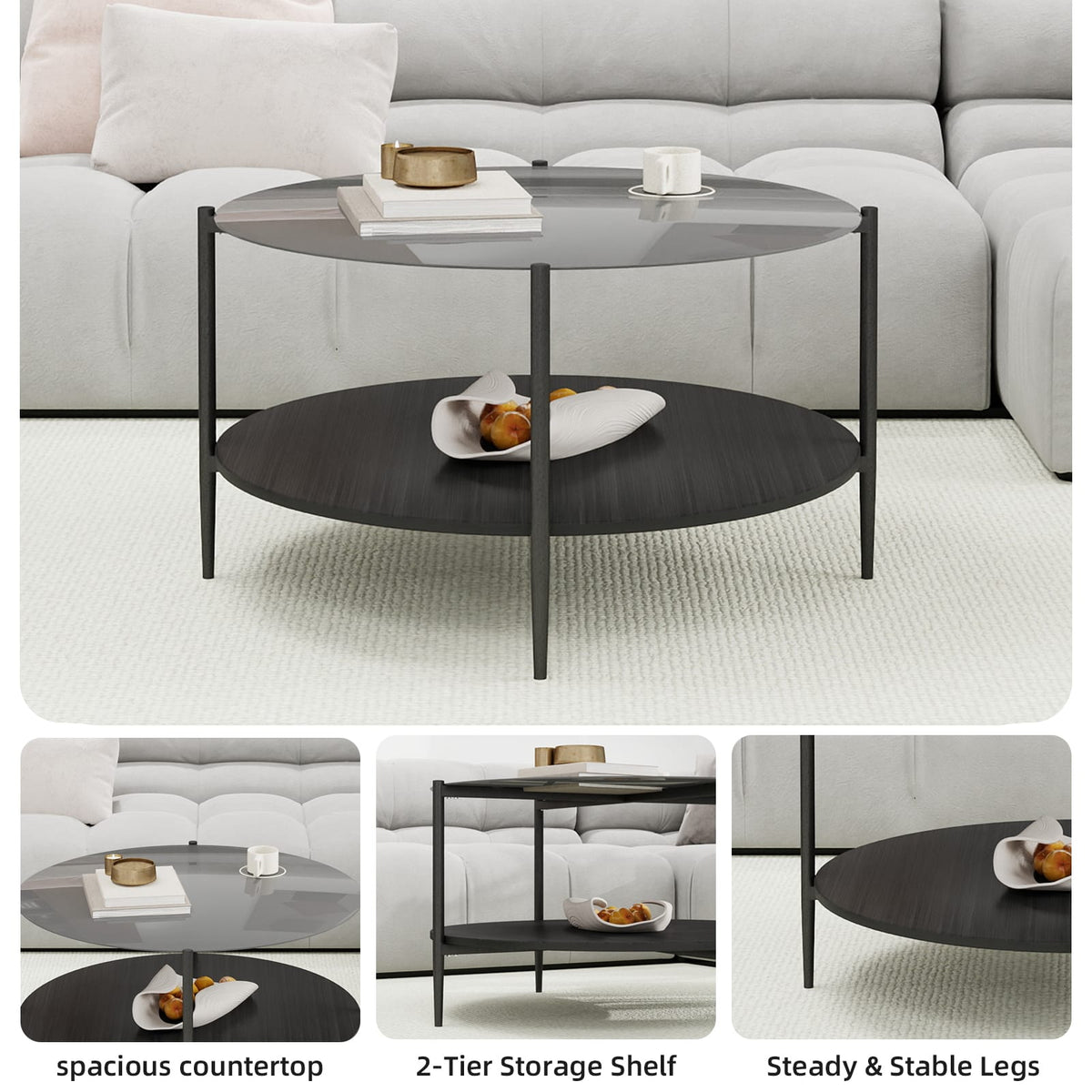 Black Oval Coffee Table with Glass Top & Wooden Shelf