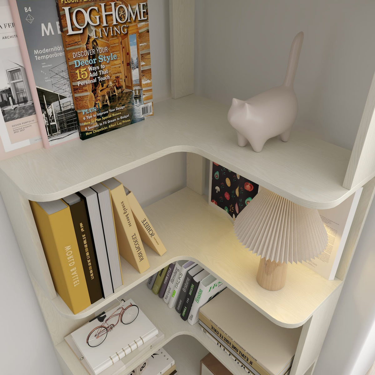 6 Tier White Oak Corner Bookshelf - Living Room Storage