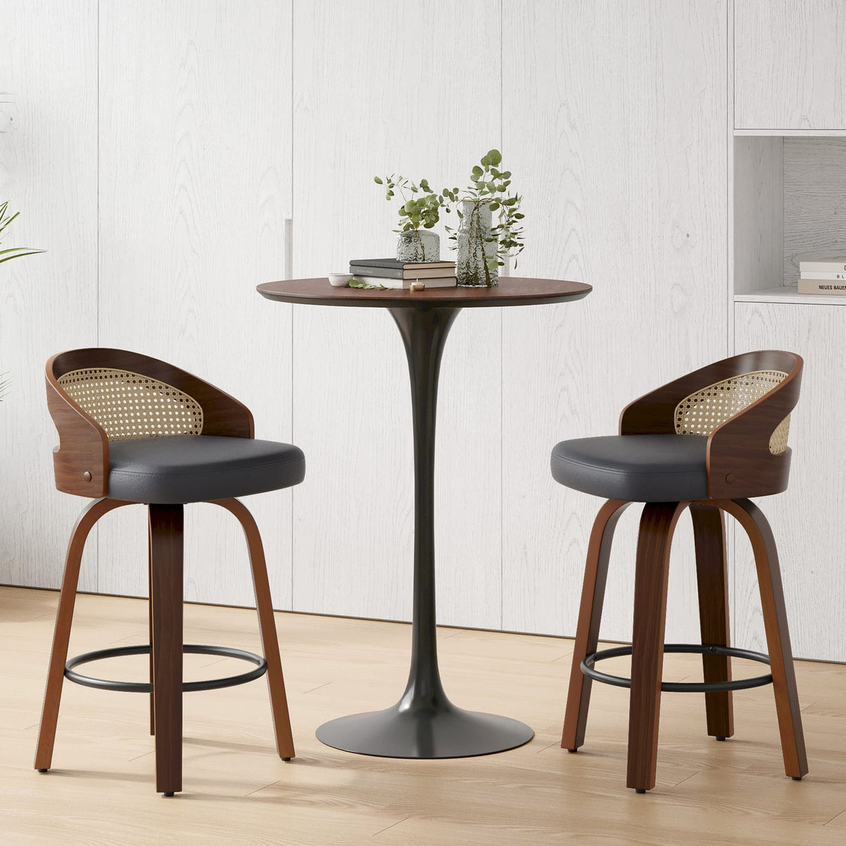 Black Faux Leather Swivel Bar Stools Set of 2 for Kitchen Counter Dining Room