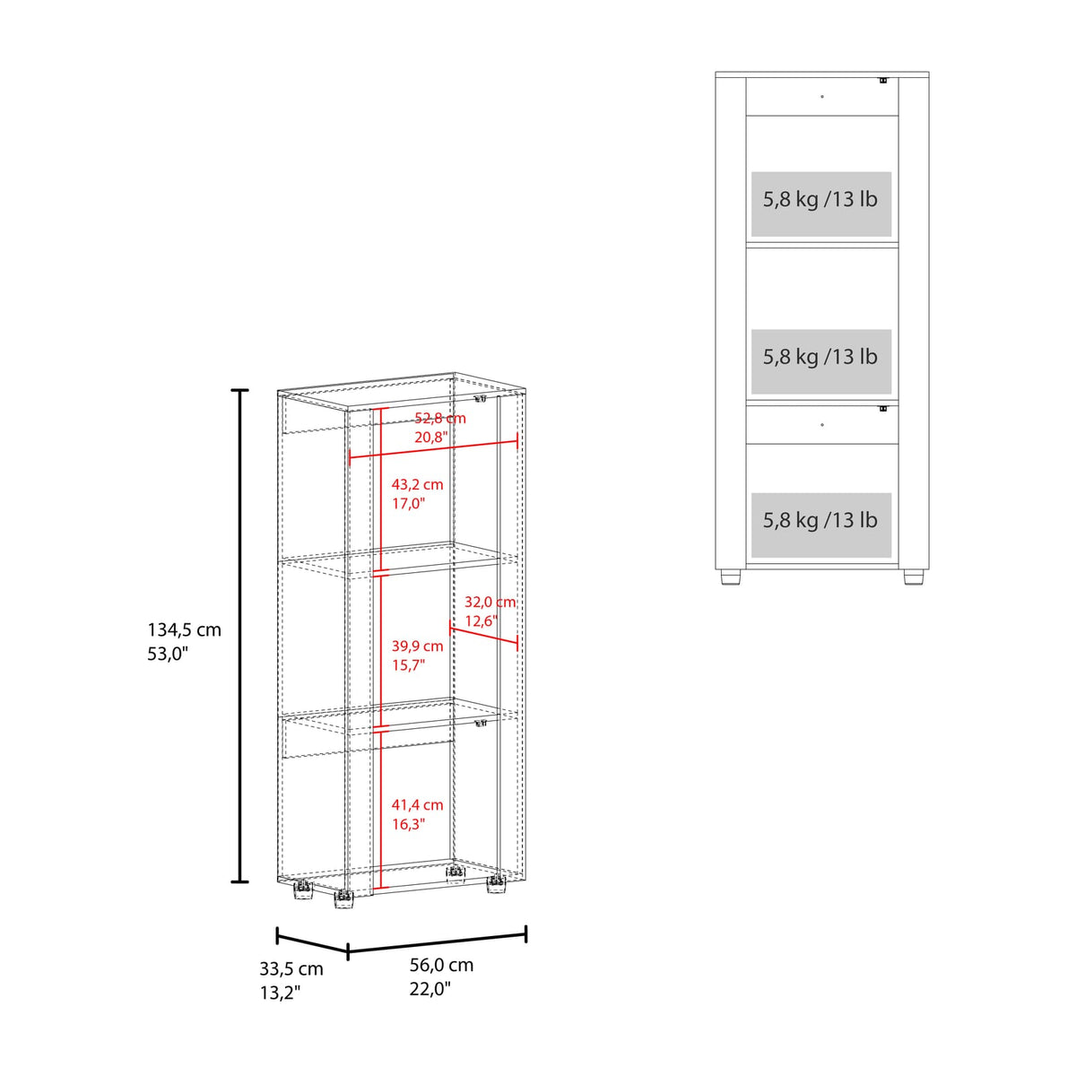 Multi-Shelf Bookcase with Metal Rods - 22"W x 13.2"D x 53"H for Home Office