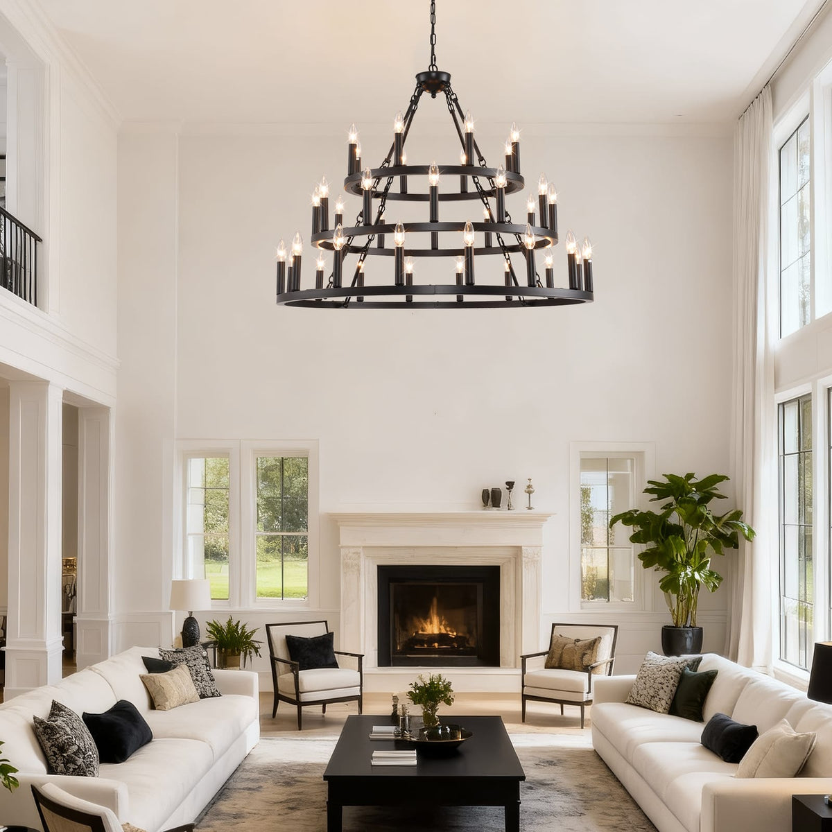 Large Farmhouse Chandelier - 36 Lights Black Metal