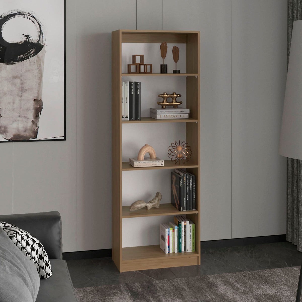 5-Shelf Beige MDF Bookcase - Primary Living Space for Living Room