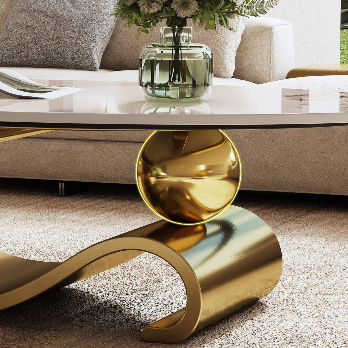 Gold Marble Coffee Table with Gold Steel Base, Oval Design for Living Room