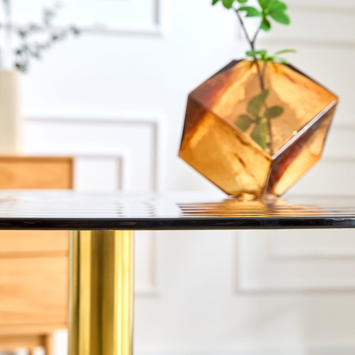 35 Inch Brown Ring Glass Round Table - Gold Metal Frame for Living Room