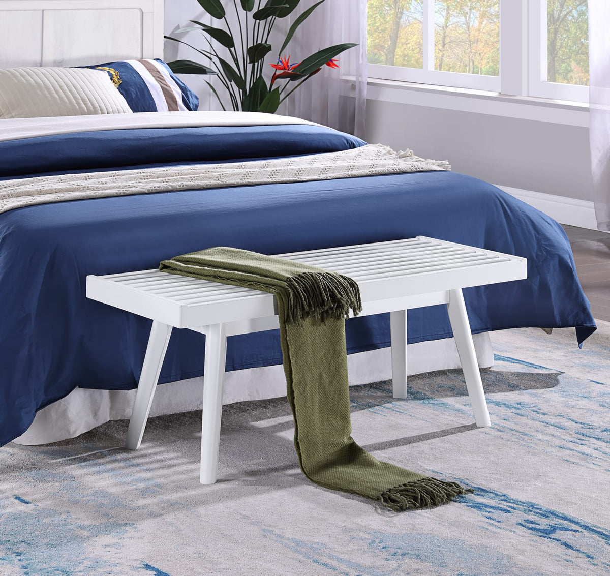 Solid Wood Bench - 41.3 Inch White Slatted