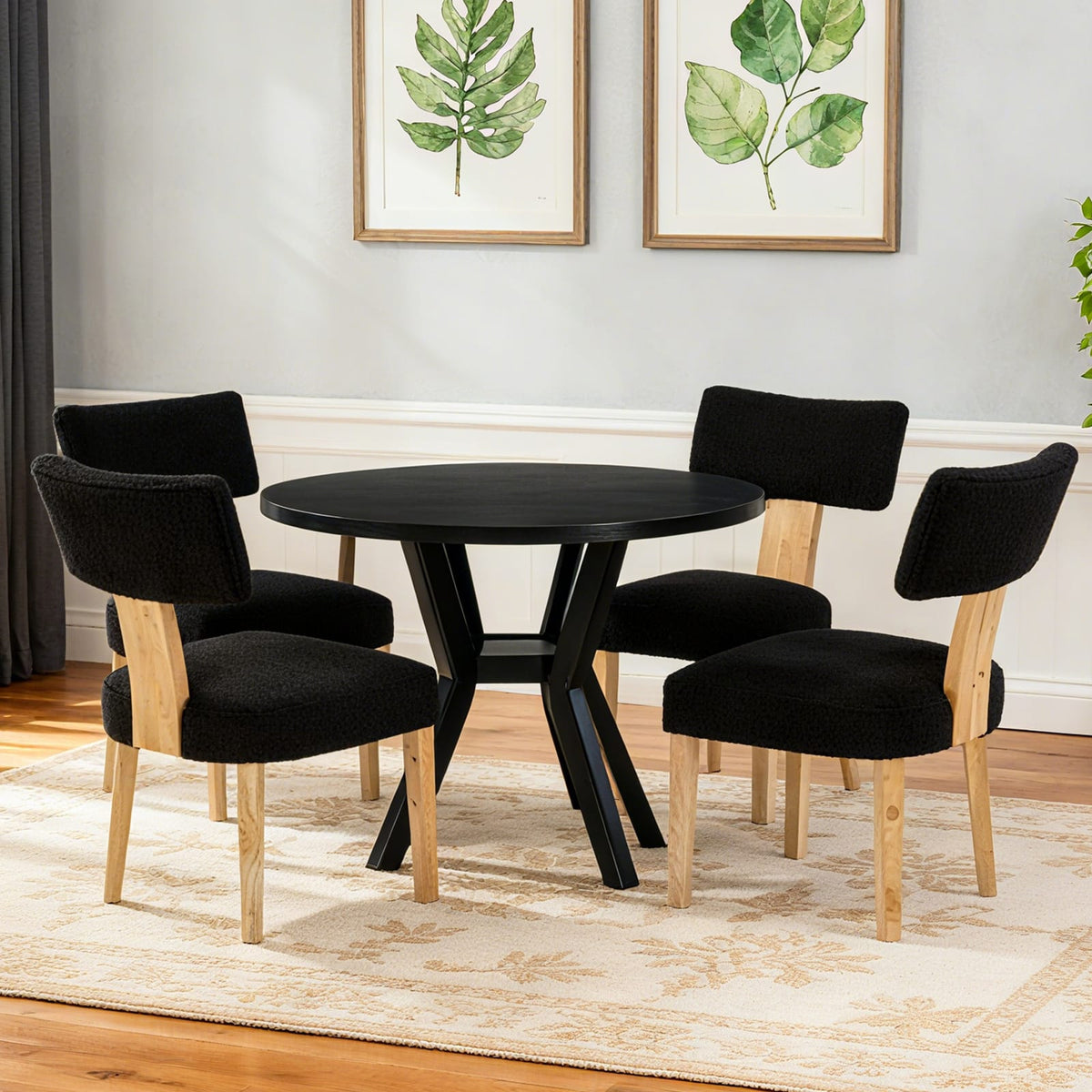 Acacia Wood Dining Chair with Beige Teddy Fleece Cushion for Living Room