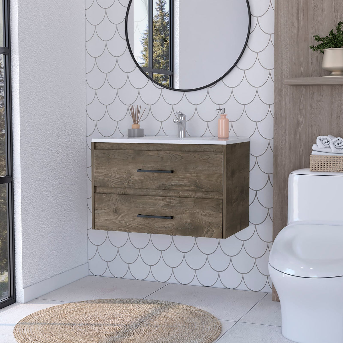 Dark Brown Wall Mounted Bathroom Vanity with 2 Drawers