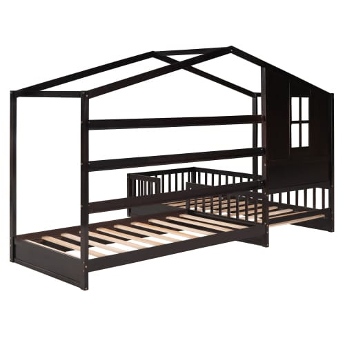 Wood House Bed Twin Size - 2 Twin Solid Beds with Fence & Slatted Frame, Espresso