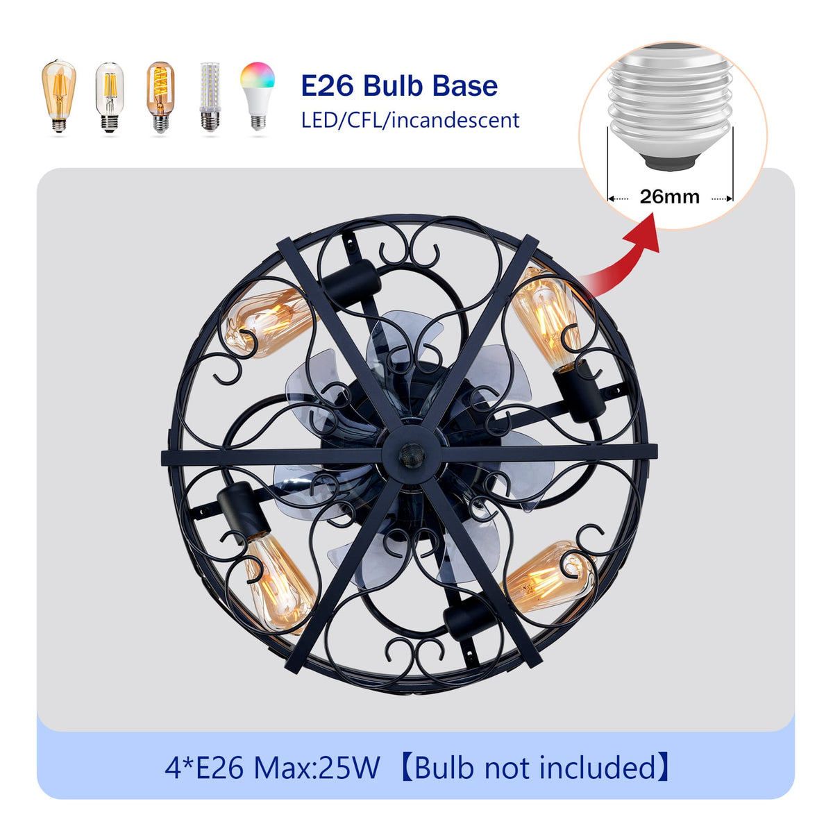 20 Inch Black Ceiling Fan with Remote Control