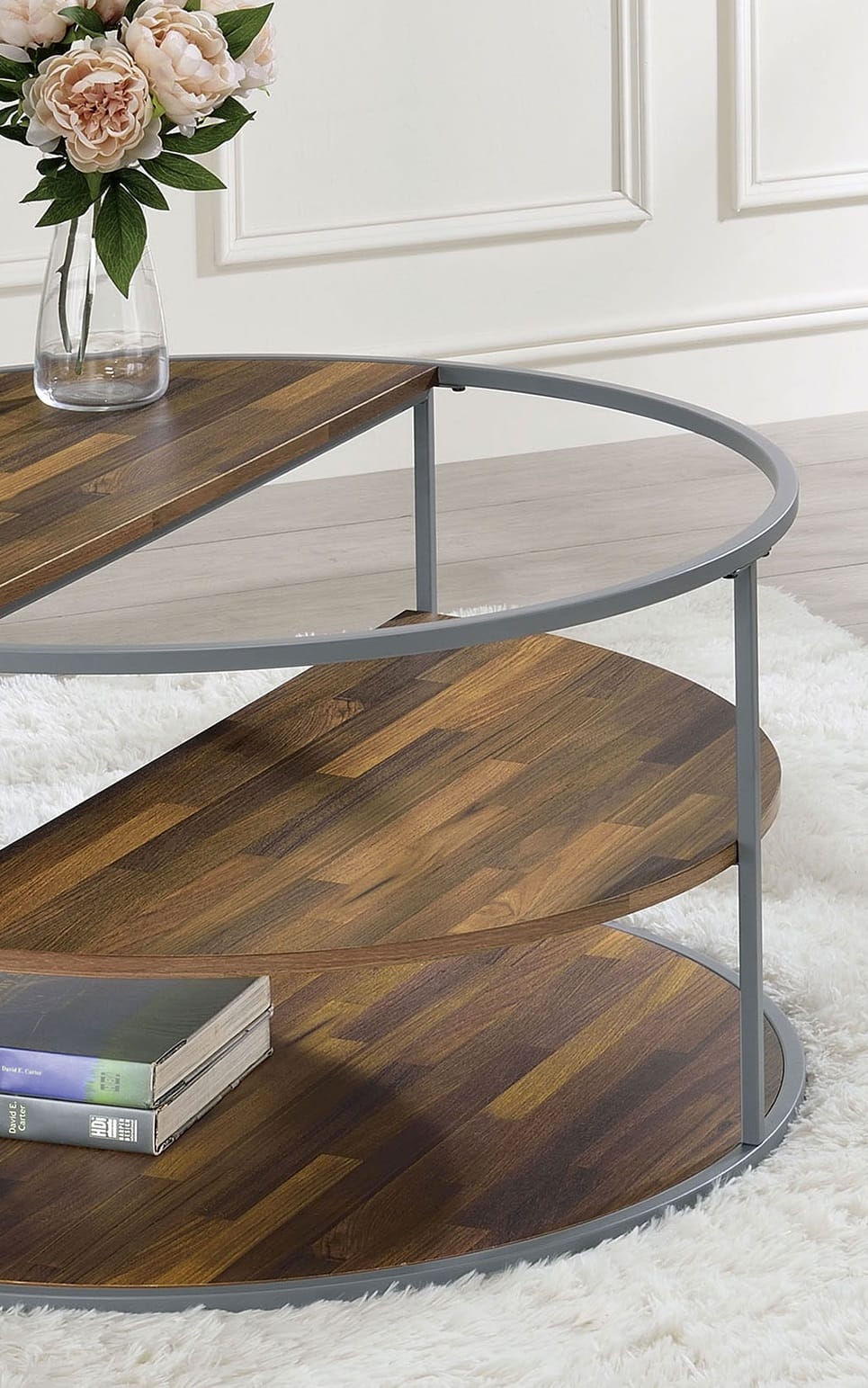 Gray Walnut Industrial Coffee Table with Shelves