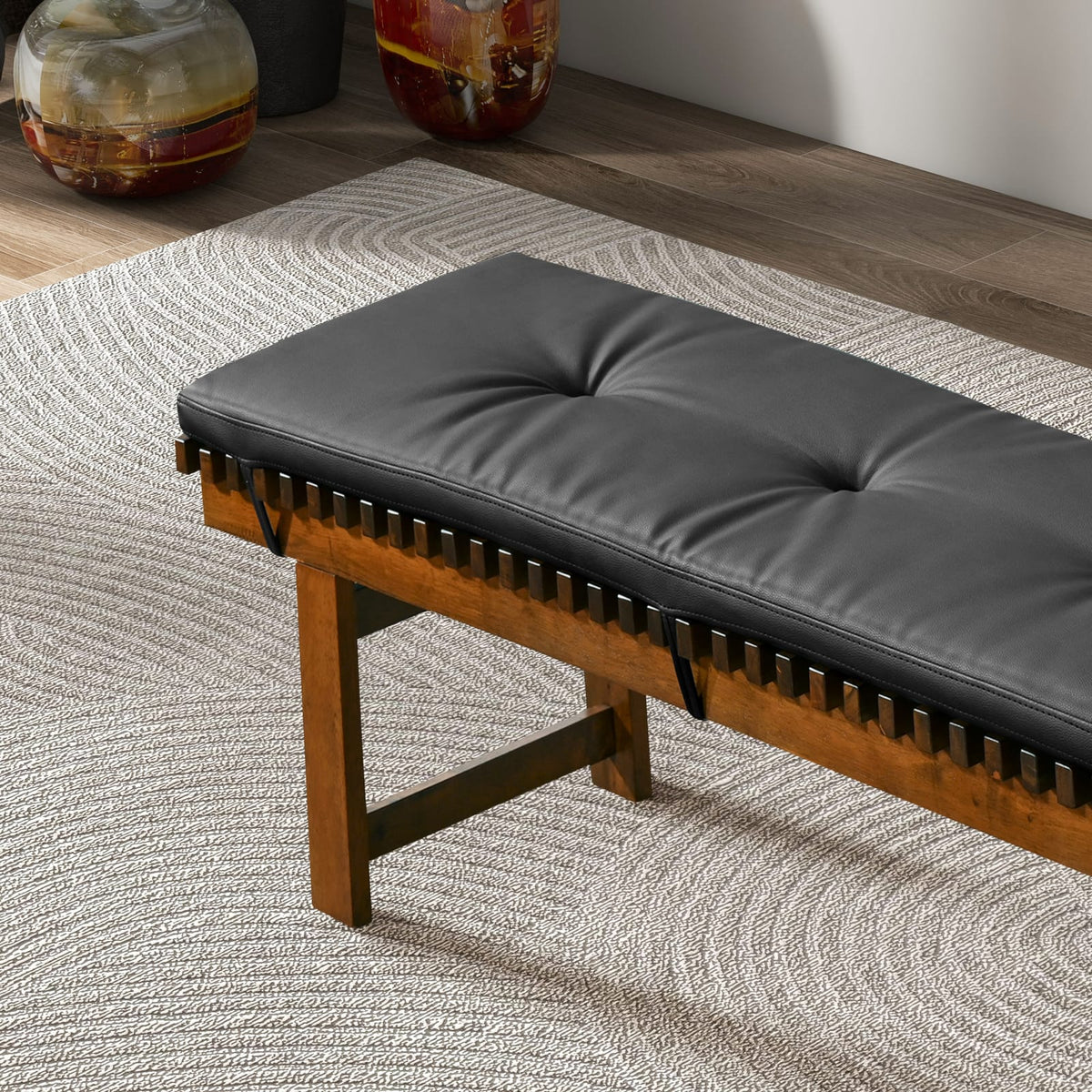 Lucia Bench - Black PU Leather Mid-Century Modern for Bedroom