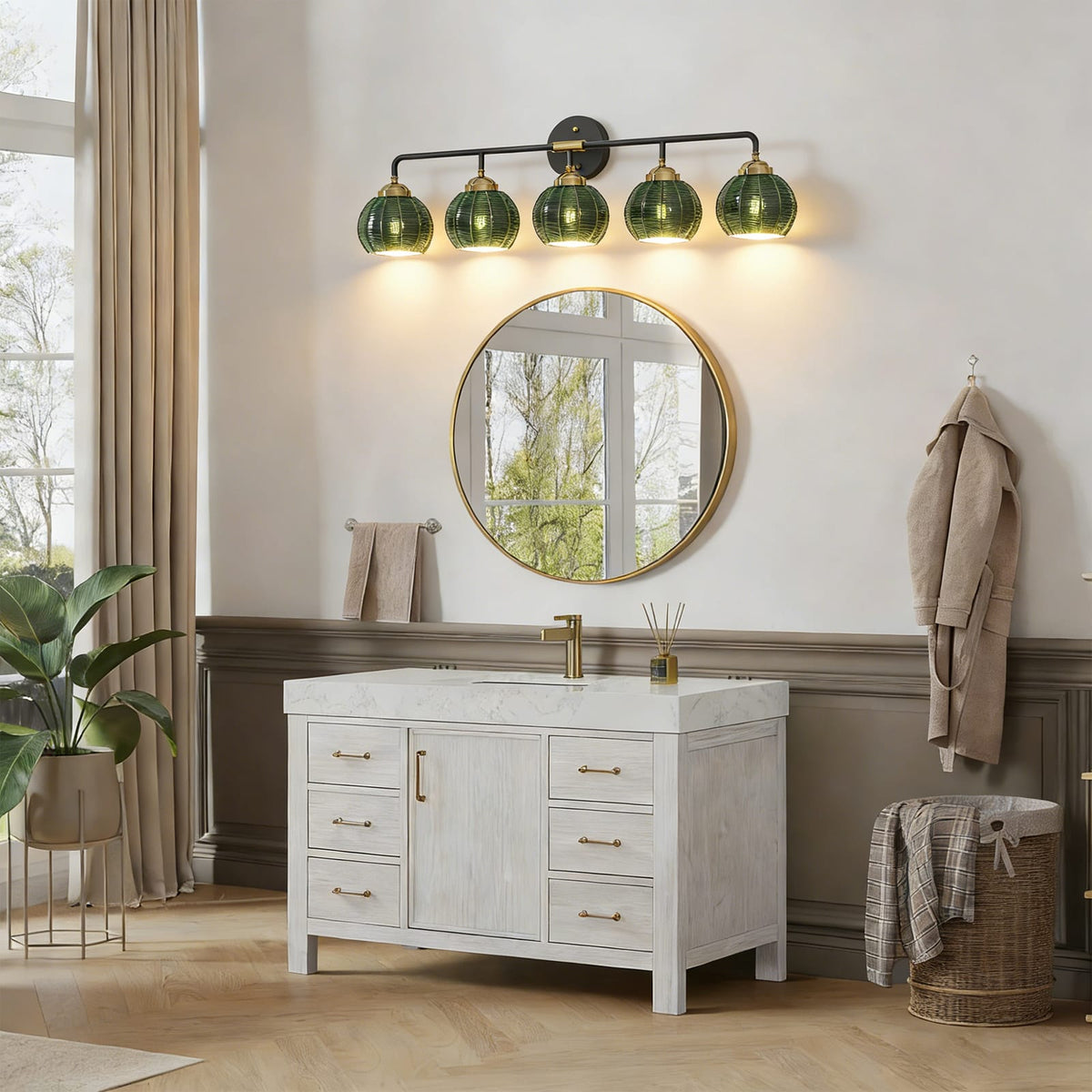 Black+Gold Bathroom Vanity Light Fixture - Modern Sconce with Glass Shade