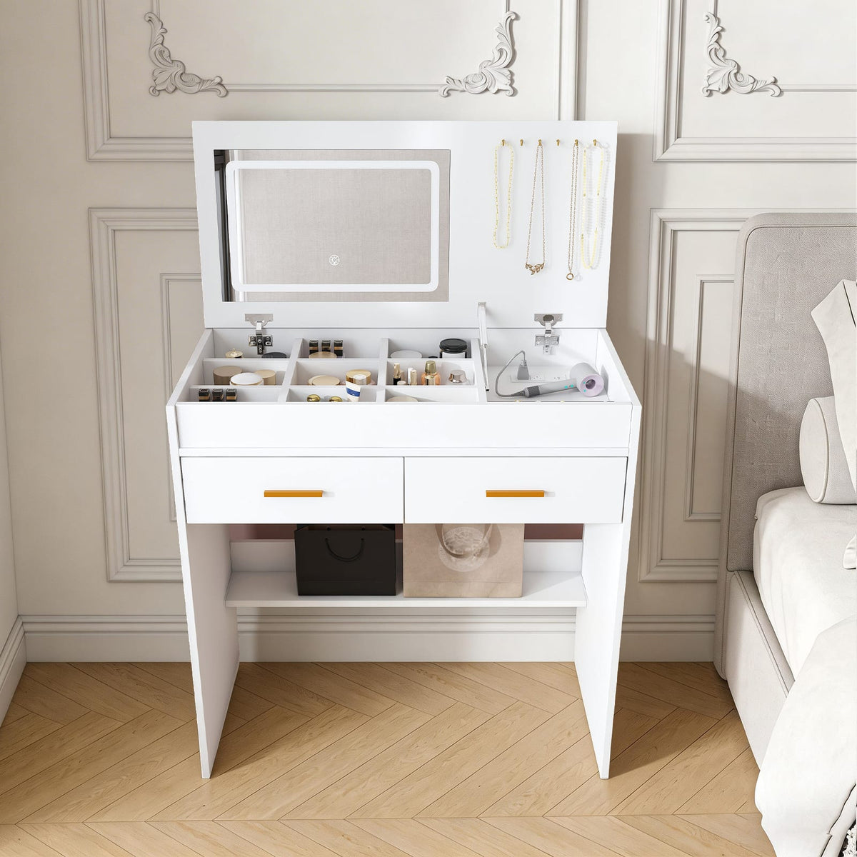 White Flip Top Vanity Desk - LED Mirror & Storage