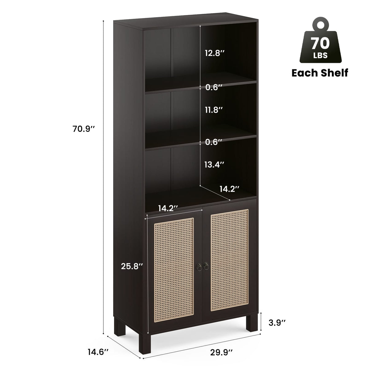 Tall Bookcase with Rattan Doors - 5 Tier Storage, Walnut