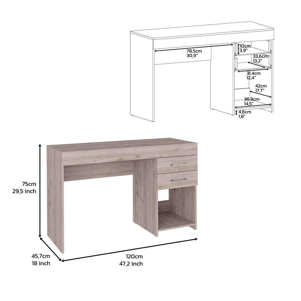 Gray 47.2" Computer Desk with 2 Drawers and Shelf