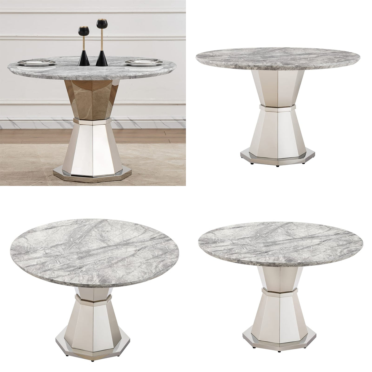 47" Round Marble Dining Table - Modern Kitchen Table, Gray+Silver