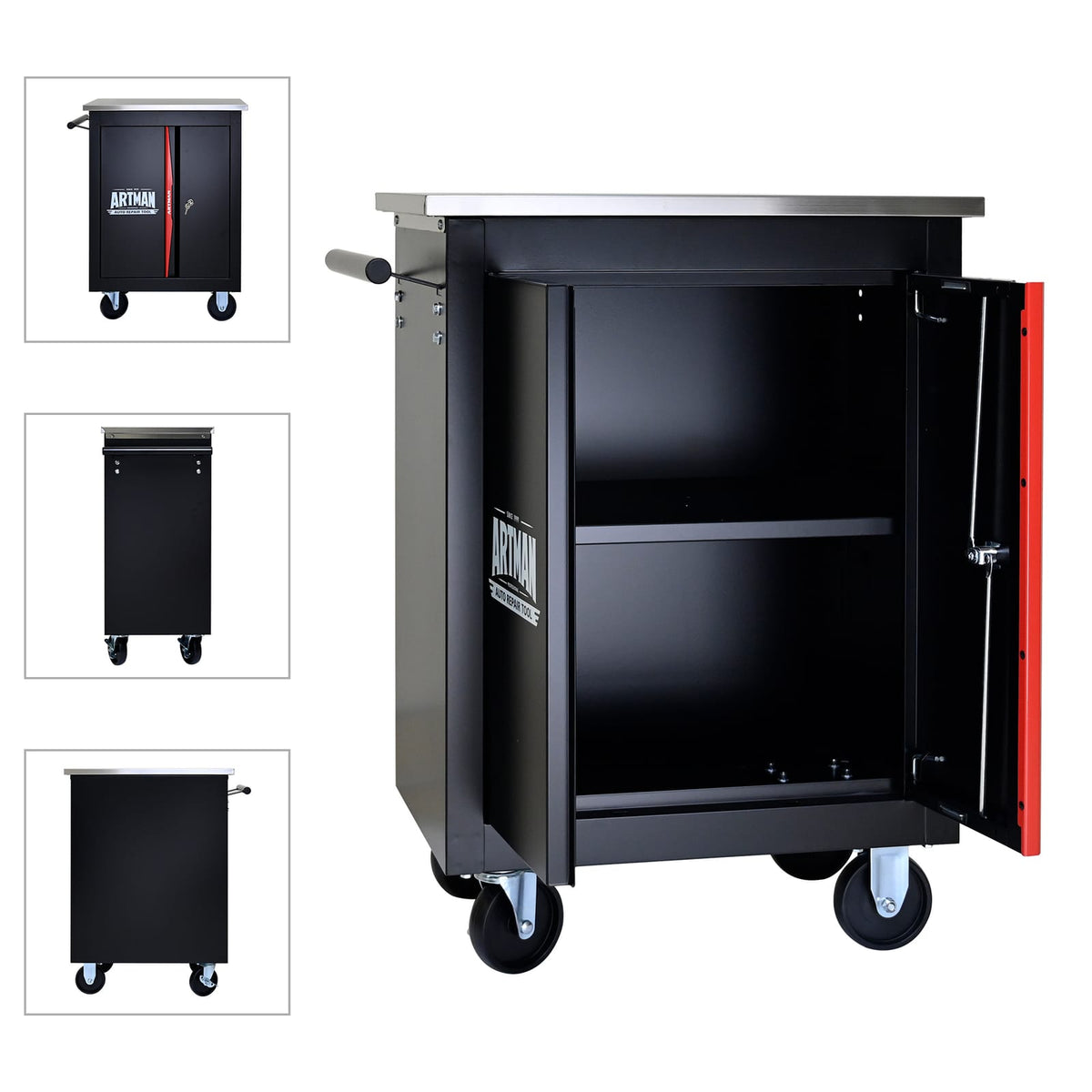 Black Red Steel Tool Cabinet Trolley - 4 Wheel Assembly Cart