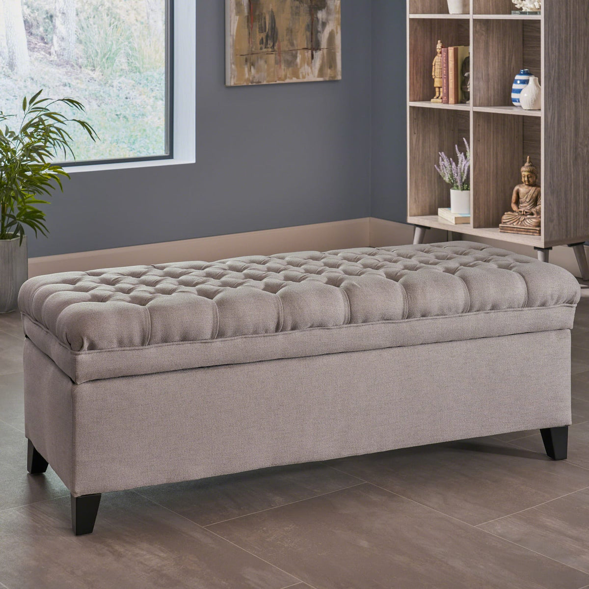 Light Gray Fabric Storage Ottoman for Living Room Seating for Bedroom