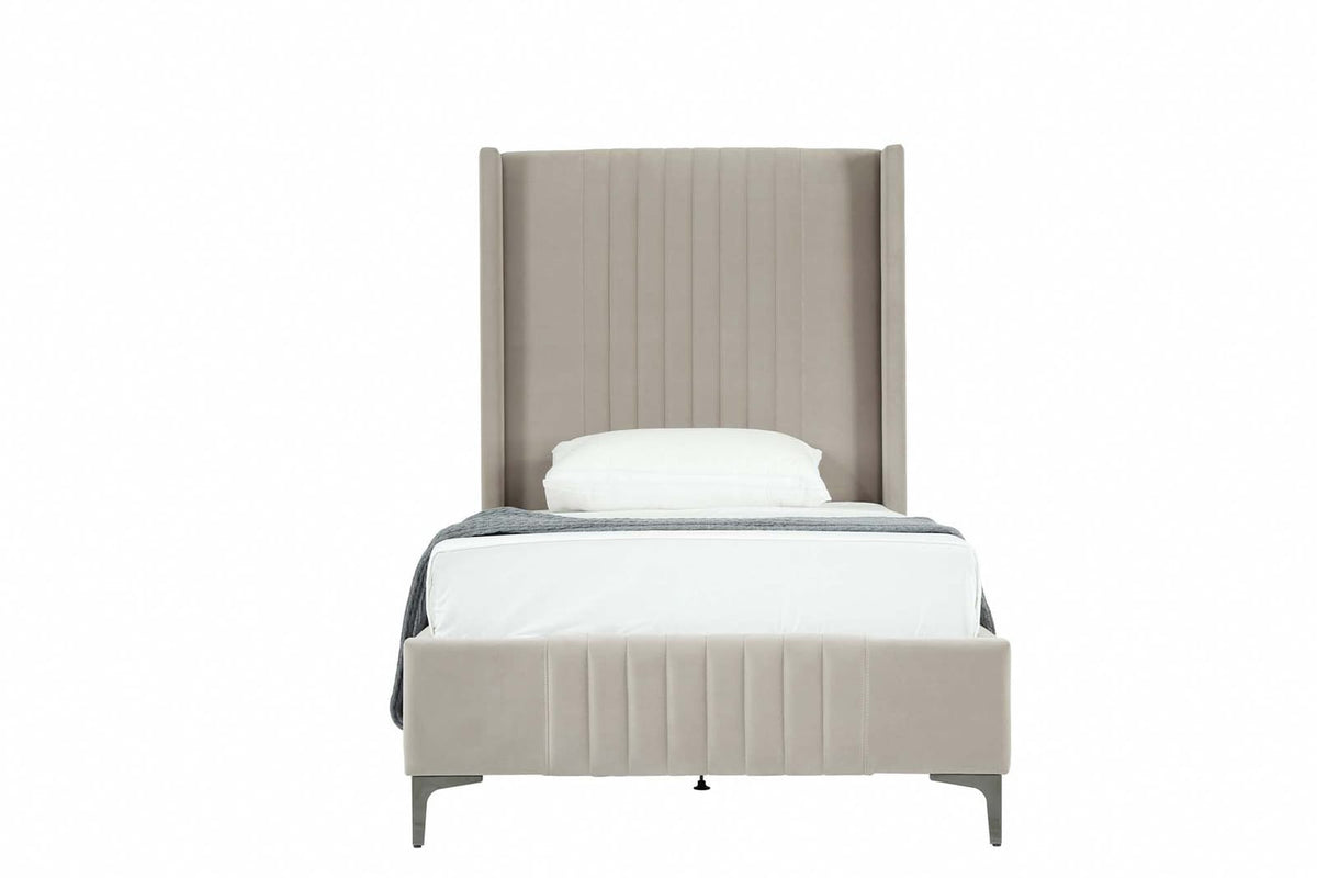 Taupe Eucalyptus Velvet Twin Bed Frame with Mid-Century Modern Headboard for Bedroom