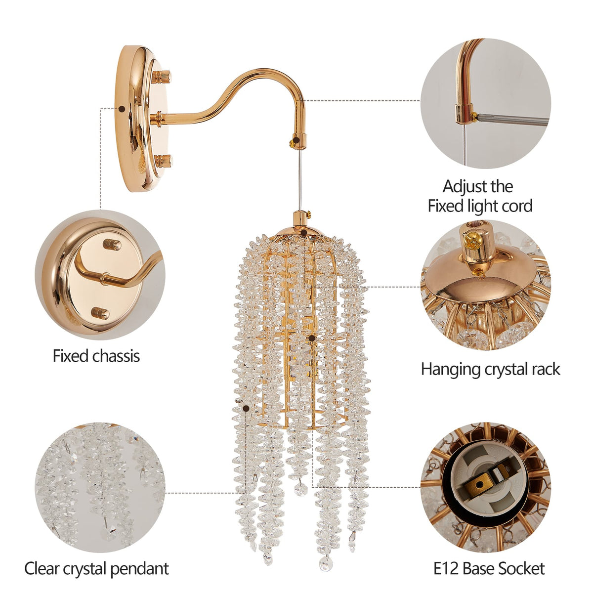 Gold Iron Wall Sconces Set - 2 Crystal Light Fixtures
