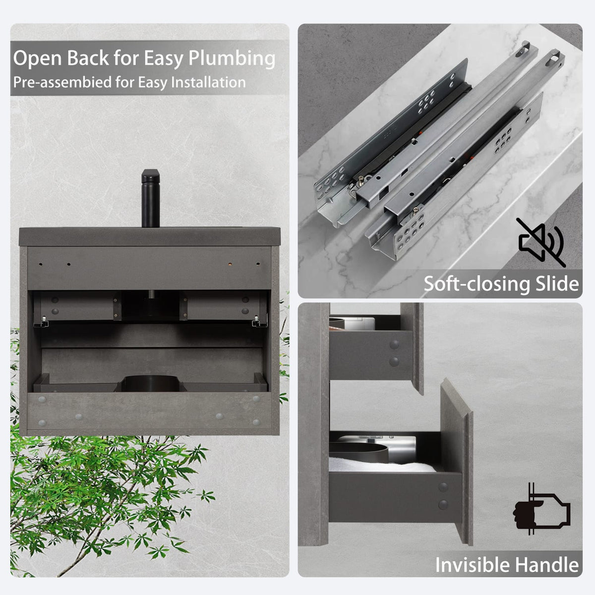 30 Inch Grey Floating Bathroom Vanity with Quartz Sand Sink
