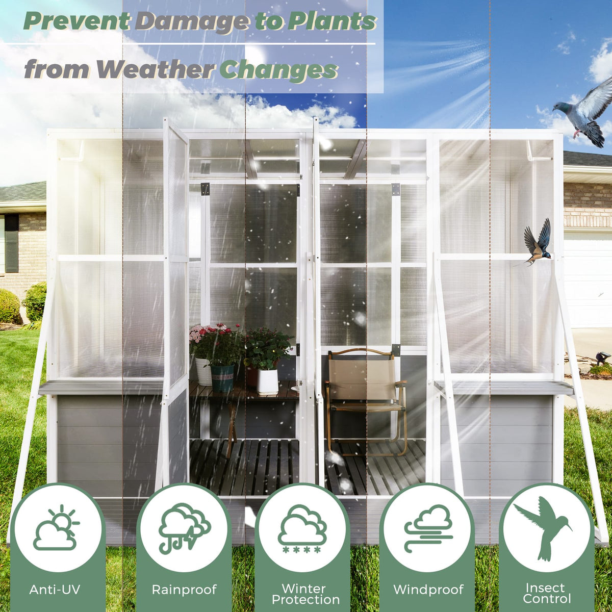 Wooden Lean-to Greenhouse - 104" x 98" Weather Resistant Outdoor Storage Shed