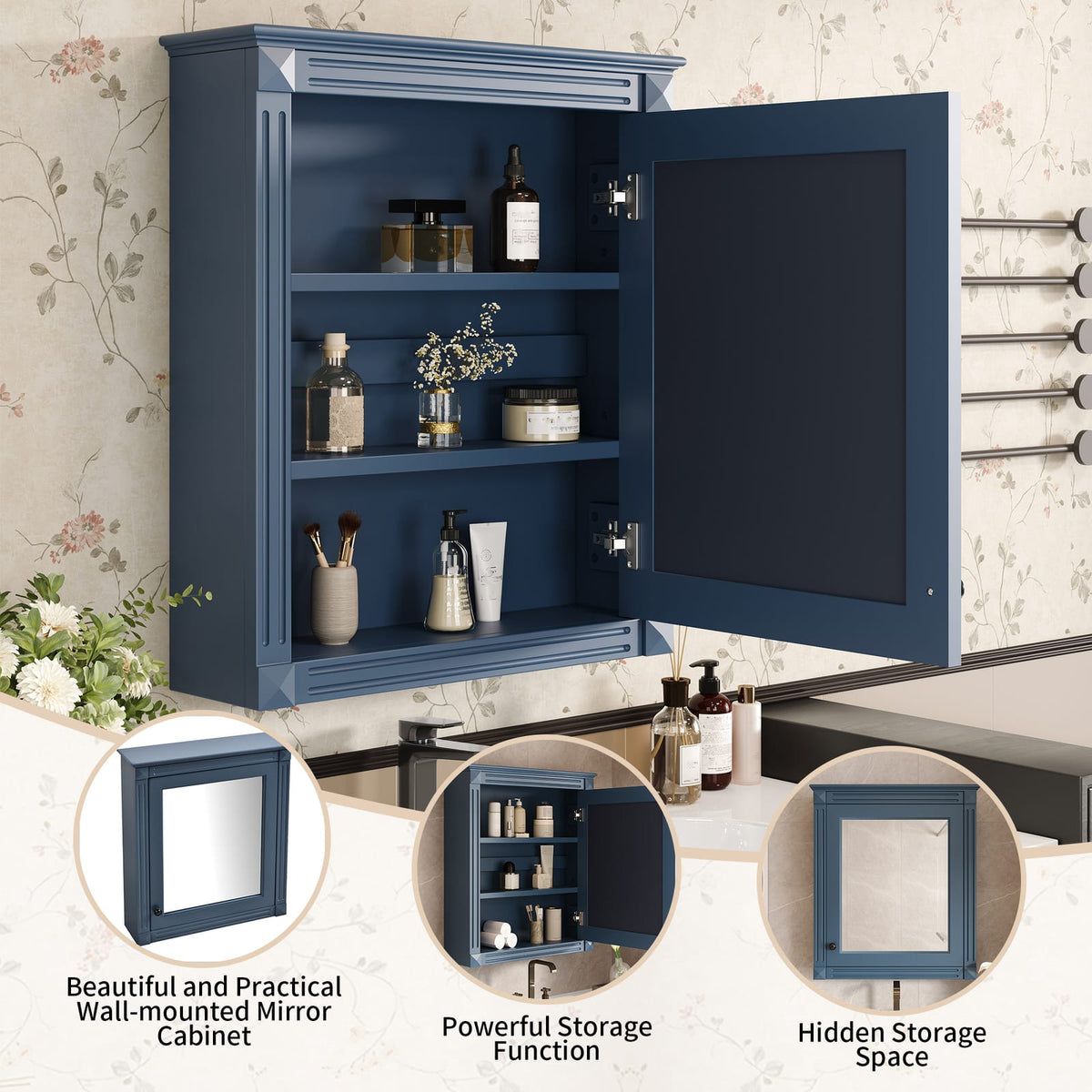 24'' Wall Mounted Bathroom Cabinet with Mirror - Blue MDF