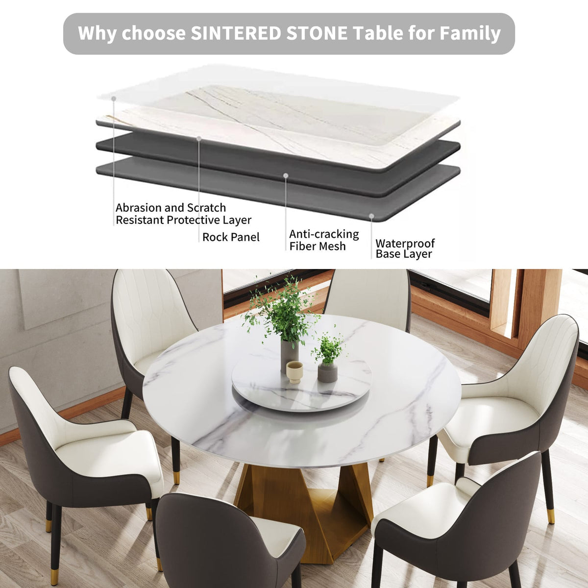 53" Round Marble Dining Table - Bronze Iron Base, White Stone