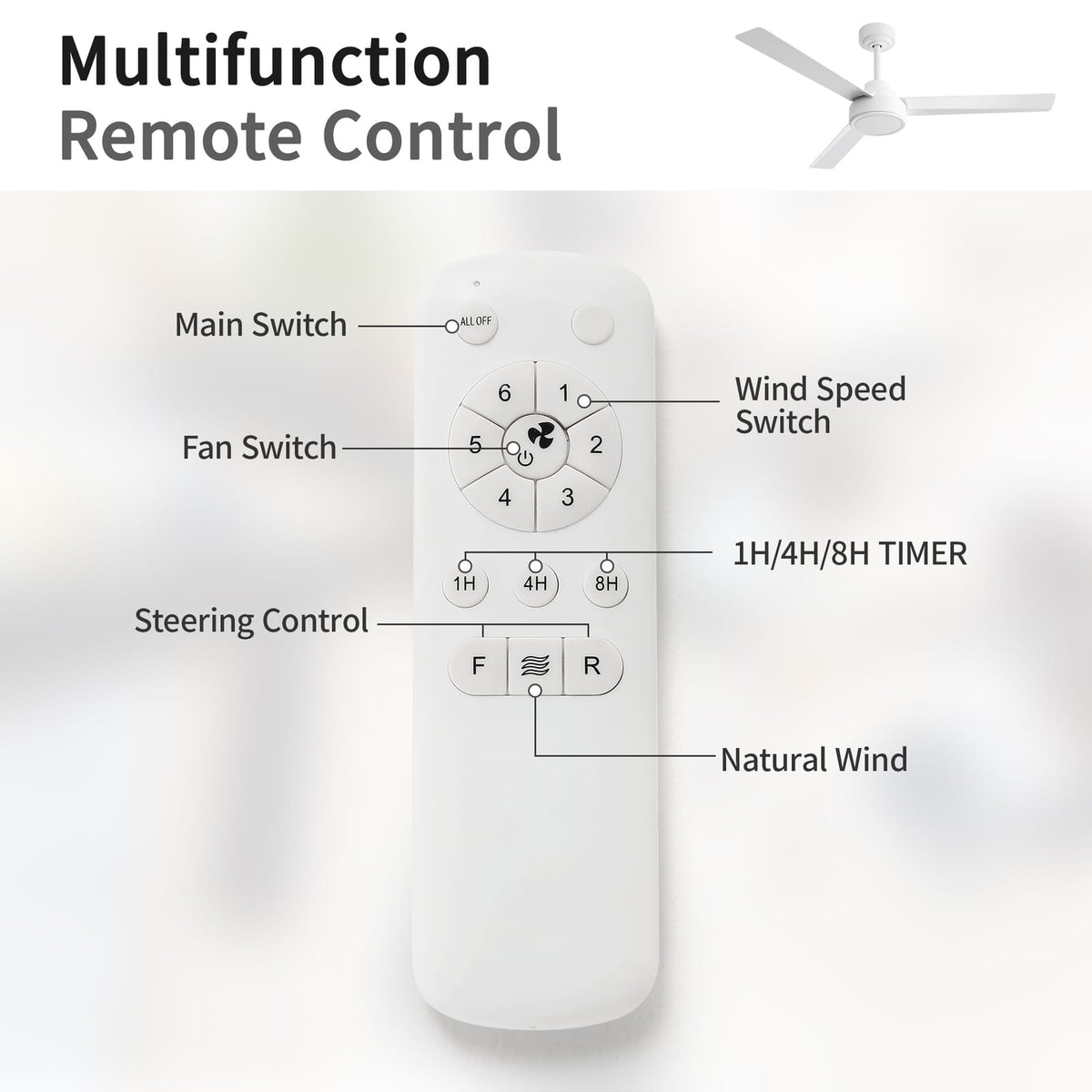 52 Inch White Ceiling Fan with Remote Control Blades