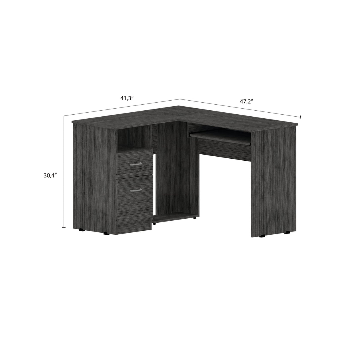 Smokey Oak L-Shaped Desk 2 Drawers 1 Shelf Gray