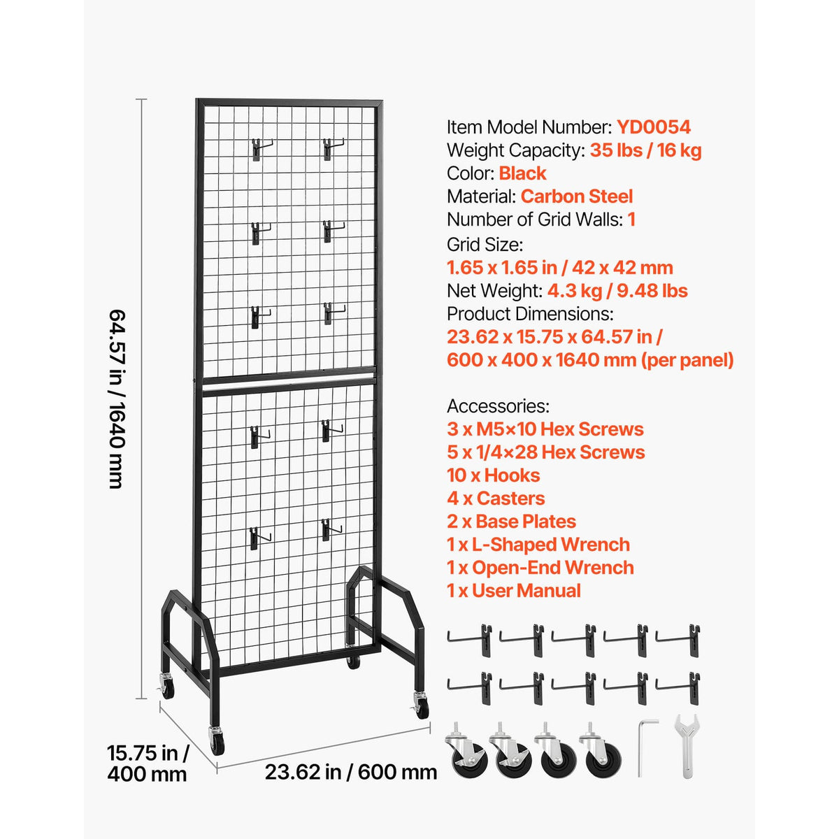 33.5" Black Carbon Steel Grid Wall Panel with Wheels for Living Room