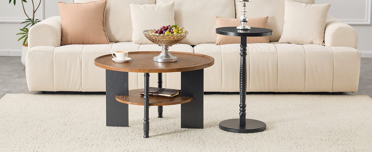 Walnut Black MDF Coffee Table and Side Table Set for Living Room Storage