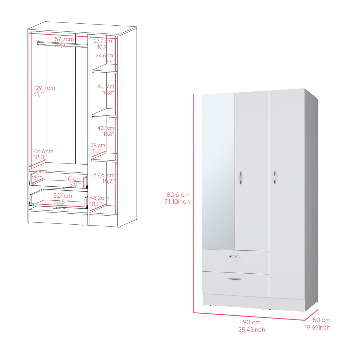 White Bedroom Dresser - 35.4" Wide Storage Cabinet