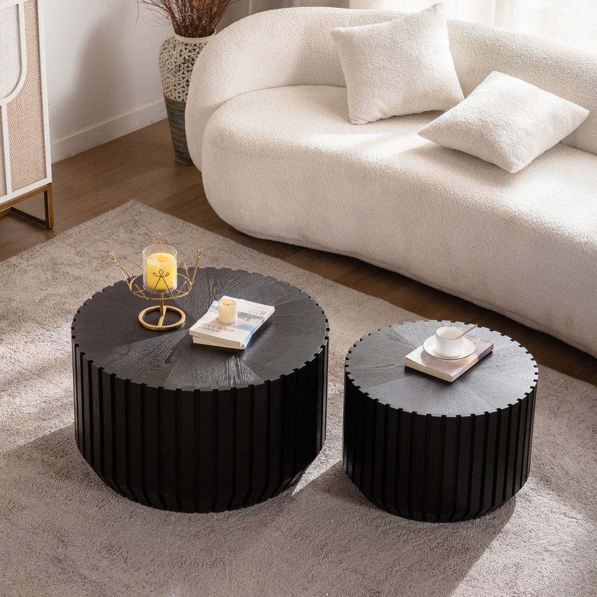Black Fluted Coffee Table Set - 2 Piece Nesting Tables