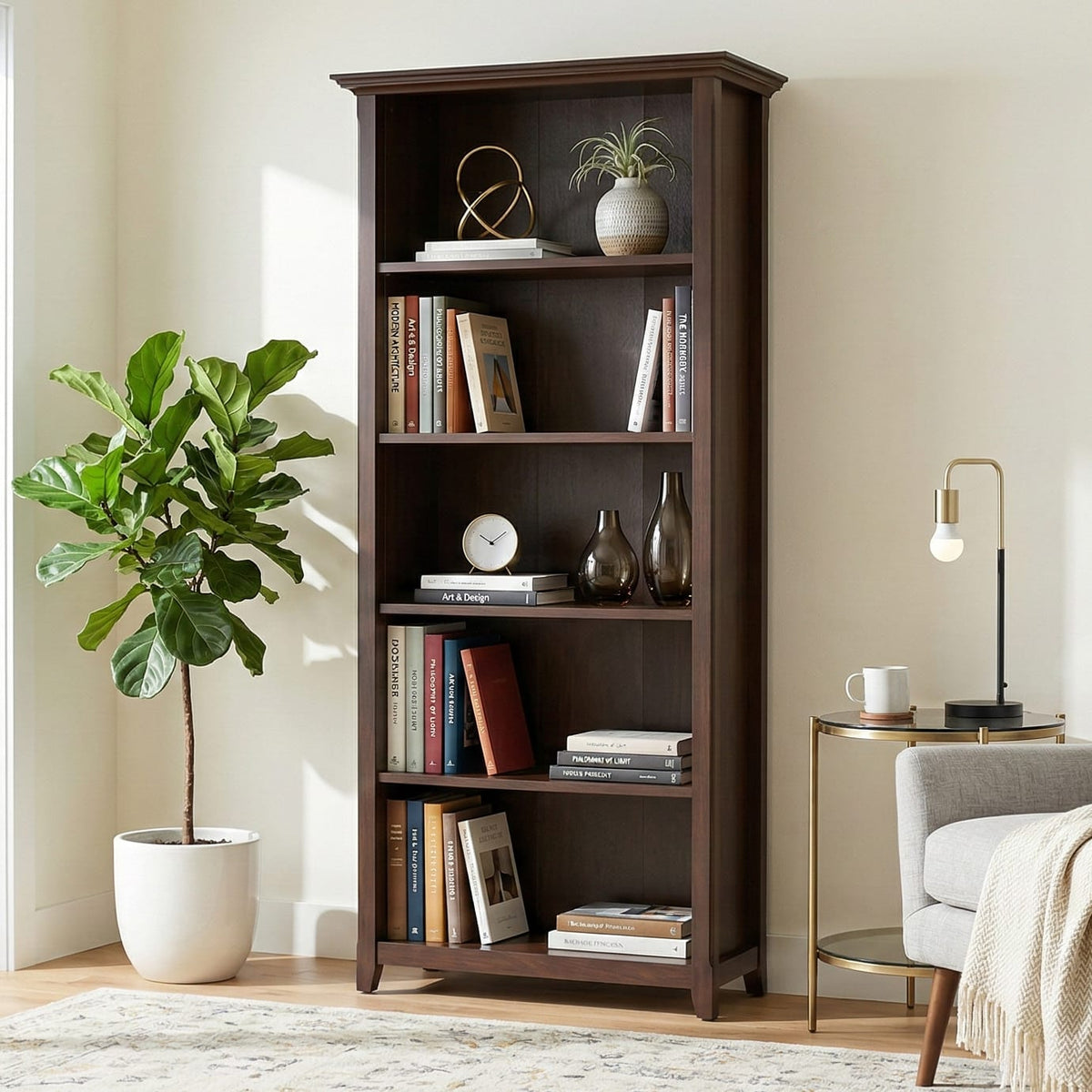 Amherst 5-Shelf Bookcase - Dark Brown Wood Storage